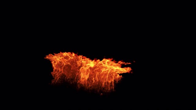 A realistic patch of intense fire and bright orange flames burning against a solid black background.