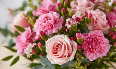 close up of a beautiful romantc bouquet of pink flowers