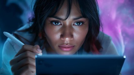 After focusing woman tracing lines for art on LED tablet with white stylus in blue-purple studio - Powered by Adobe