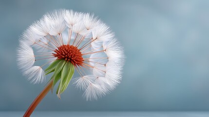 Close Up Macro Photo of a White Fuzzy Dandelion Seed Head with Green Stem and Reddish Brown Center Against a Soft Blue Textured Background