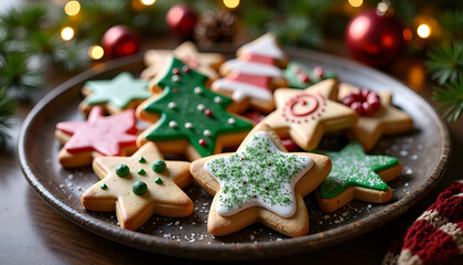 Festive Holiday Cookies Decorated in Christmas Shapes and Colors