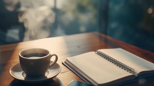 Camera panning causing coffee cup sliding offscreen by window, revealing notebook and smartphone