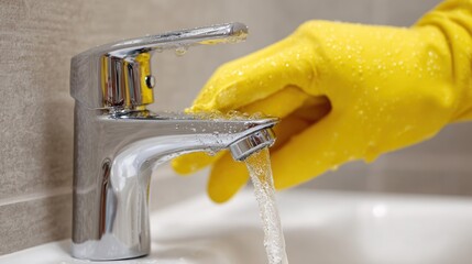 Close up of chrome faucet with water pouring yellow gloved hand