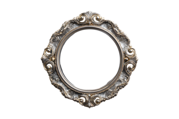 Vintage ornate round mirror with detailed metallic frame, isolated on transparent background