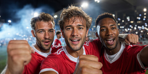 Three male soccer players in red jerseys and white shorts celebrating a goal on a bright evening stadium field