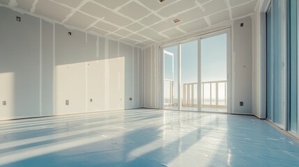 Modern interior buildout with new drywall and plasterboard, finishing work nearing completion stage.