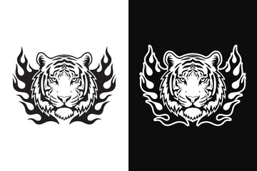 Tiger head flame black and white tshirt design 2