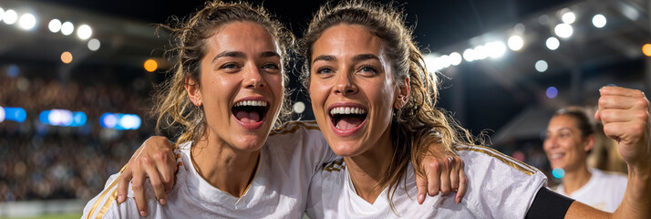 Two female soccer players in full white uniforms hugging and shouting with excitement after scoring goal