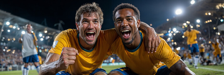 Two soccer players in yellow shirts and blue shorts kneeling on grass and embracing in celebration, shouting with joy