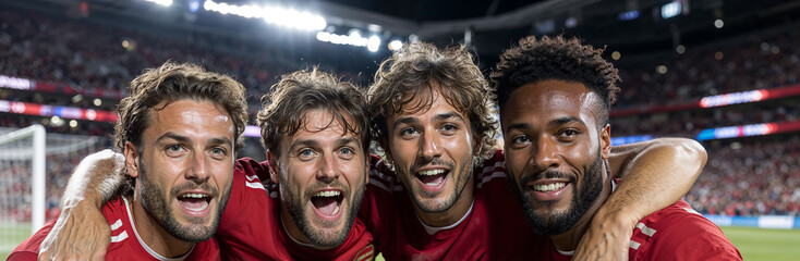 Four male soccer players in red jerseys and white shorts celebrating a goal on a bright evening stadium field