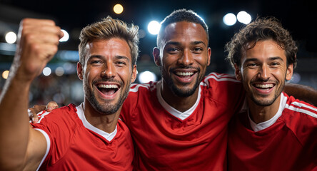 Three male soccer players in red jerseys and white shorts celebrating a goal on a bright evening stadium field
