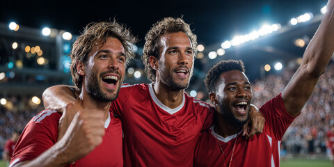 Three male soccer players in red jerseys and white shorts celebrating a goal on a bright evening stadium field