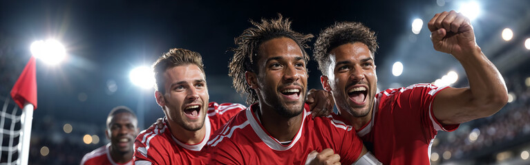 Three male soccer players in red jerseys and white shorts celebrating a goal on a bright evening stadium field