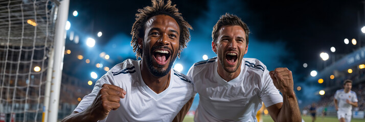 Two football players in pure white uniforms celebrating a goal under stadium lights