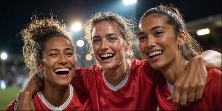 Three female soccer players (european, african-european, asian) celebrating goal with joy and hugs on a brightly lit evening stadium, red jerseys and white shorts, emotional faces