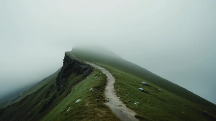 Opening drone shot initiating gliding along grassy mountain ridge, capturing winding dirt footpath - Powered by Adobe