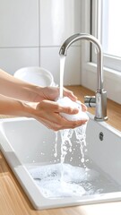Hands washing with foam under faucet in a pristine white sink