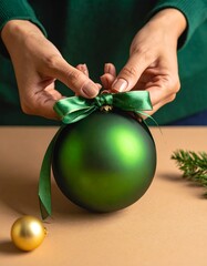 Hands tying a green ribbon bow onto a Christmas tree ornament