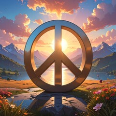 Large metallic peace symbol against sun, mountains, water, and sunset