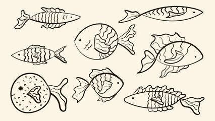 Doodle drawing of sea animals. Vintage ink sketch style minimalist fishes. Hand drawn retro style vector illustration.