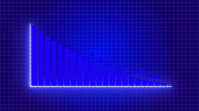Blue downward bar chart with arrow showing financial decline on dark background