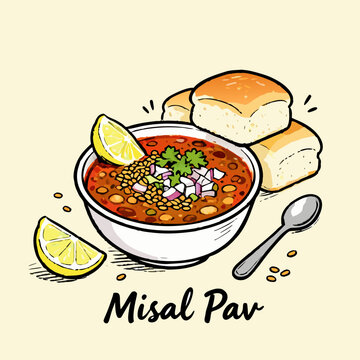 Authentic Misal Pav Illustration - A Flavorful Indian Spicy Curry with Bread Rolls and Lemon Slices