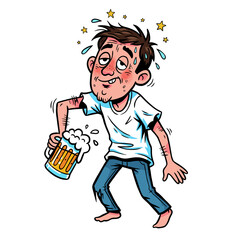 Man stumbling with a frothy beer mug, appearing disoriented with sweat and stars around his head, conveying intoxication and a wild night out.
