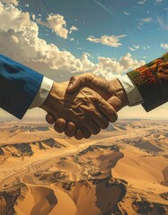 Handshake over desert landscape with fluffy clouds in the background