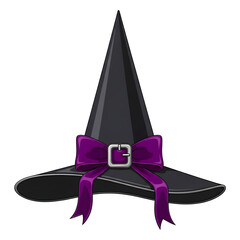 Cartoon Witch Hat with Purple Bow Isolated on Black