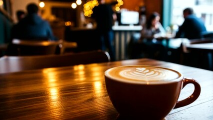 A cozy café scene featuring a latte art coffee cup on a wooden table with patrons in the background - Powered by Adobe