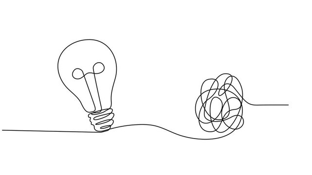 Self drawing animation of continuous one line art of Electric light bulb with untied knot in form of circle. Full length single line animation. Psychotherapy concept of solving problems is easy.