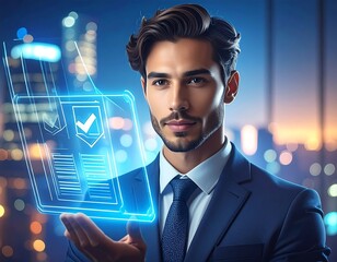 Handsome man in suit, holding holographic document over cityscape