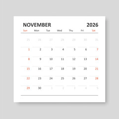Calendar november 2026 icon in flat style. Planner vector illustration on isolated background. Calender sign business concept.