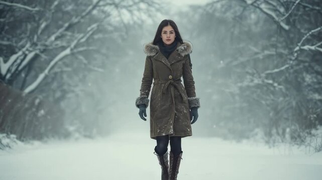 Walking Asian woman stepping through snow-covered forest path, leaving footprints and swaying parka