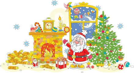 Funny Santa Claus with his gift waving in greeting in a festively decorated room with a burning fireplace and a green fir on the snowy night before Christmas, vector cartoon illustration on white