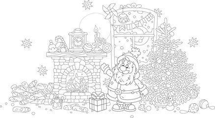 Funny Santa Claus with his gift waving in greeting in a festively decorated room with a burning fireplace and a fir on the snowy night before Christmas, black and white vector cartoon illustration