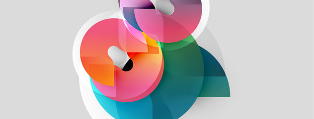 Obraz premium Abstract colorful shapes overlap, creating dynamic composition. Soft gradients blend pinks, oranges, greens, blues. Minimalist design on light gray background.