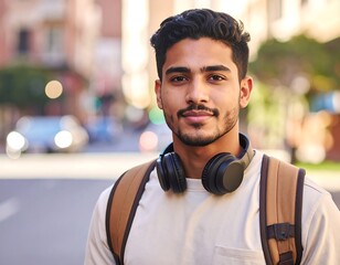 A young man with a backpack and headphones smiles on a city street