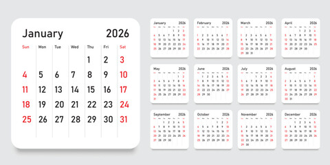 Calendar 2026 year icon in flat style. Planner vector illustration on isolated background. Calender sign business concept.