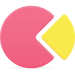 Pink and yellow pie chart graphic with a clean minimalist design and transparent background representing data analysis and statistics on a white surface with subtle shadow effect