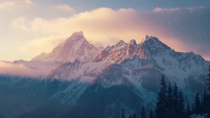 Soft golden light rising behind snowcapped peaks revealing drifting clouds valley mist forest - Powered by Adobe