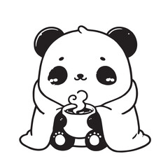 Kawaii Panda Wrapped in Blanket – Black and White Cozy Vector Illustration