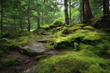 Obraz premium Lush Green Forest Floor With Sunlight Filtering Through Foliage