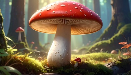 Large, red-capped mushroom dominates a mossy, sunlit forest scene