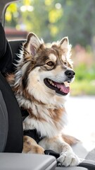 Happy dog in car, looking out, with brown, white, and black fur