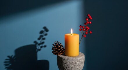 A lit orange candle in a textured holder with pinecone and red berries isolated on white background