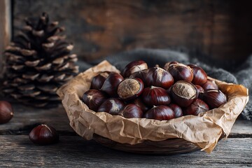 A basket of roasted chestnuts wrapped in parchment paper, set on a rustic wooden background with pinecones