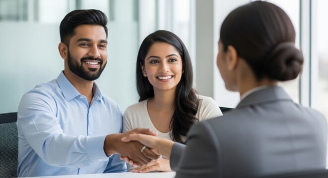 Indian couple greeting a female agent in office — showcasing mutual respect, trust, and business interaction