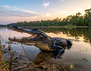 Large reptile with open mouth in water, facing the camera during sunset