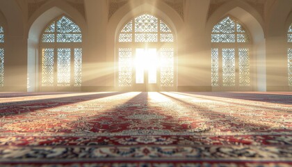 Peaceful mosque interior with sunlight beams through ornate arched windows, warm atmosphere for prayer and spiritual reflection, symbolizing faith and serenity in Islamic culture.